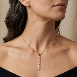 Model wearing 9K White and Yellow Gold Bar Pendant - Sonny's Jewellers