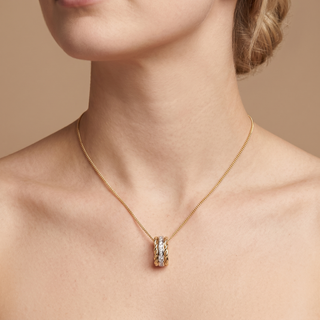 Model wearing 9K 2-Colour Gold CZ Twisted Circle Pendant - Sonny's Jewellers