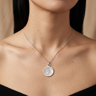 Model wearing 9K White Gold St Christopher Round Satin Pendant - Sonny's Jewellers