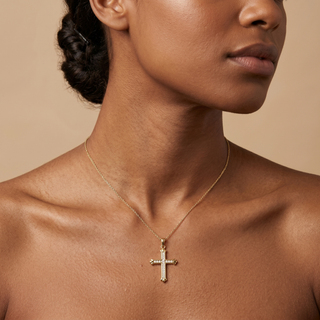 Model wearing 9K Yellow Gold CZ Cross Pendant - Sonny's Jewellers