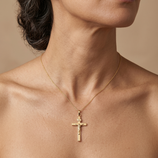 Model wearing 9K Yellow Gold Polished Crucifix Pendant - Sonny's Jewellers