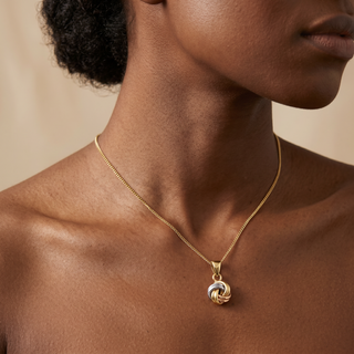 Model wearing 9K 3-Colour Gold 4-Way Double-Knot Pendant - Sonny's Jewellers