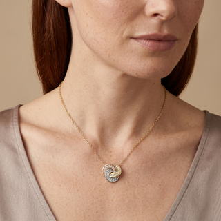 Model wearing 9K Tri Colour CZ Celtic Knot Pendant - Sonny's Jewellers