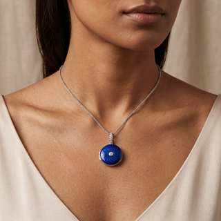 Model wearing 18K White Gold Diamond Blue Enamel Locket - Sonny's Jewellers