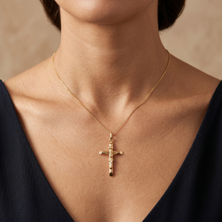 Model wearing 9K Yellow Gold 22mm x 36mm Crucifix Pendant - Sonny's Jewellers