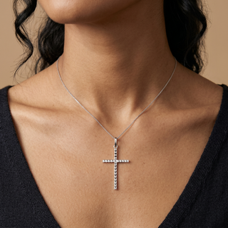 Model wearing 9K White Gold Diamond Cut Slim Cross Pendant - Sonny's Jewellers