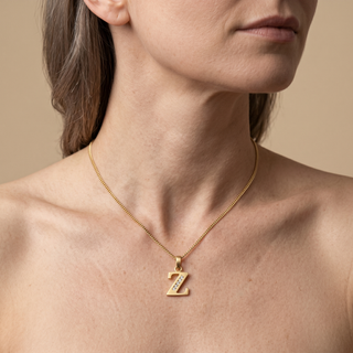Model wearing 9K Yellow Gold CZ 'Z' Initial Pendant - Sonny's Jewellers