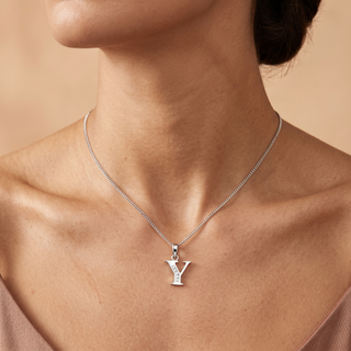 Model wearing 9K White Gold CZ 'Y' Initial Pendant - Sonny's Jewellers
