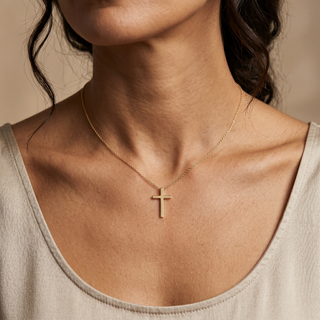 Model wearing 9K Yellow Gold Dainty Cross Necklace - Sonny's Jewellers