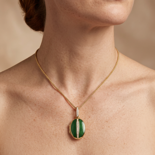 Model wearing 18K Yellow Gold Diamond Green Enamel Locket - Sonny's Jewellers