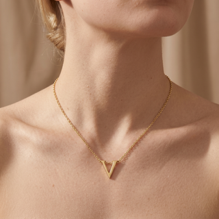 Model wearing 9K Yellow Gold Plain 'V' Initial Pendant Necklace - Sonny's Jewellers
