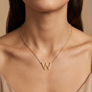 Model wearing 9K Yellow Gold Plain 'W' Initial Pendant Necklace - Sonny's Jewellers