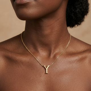 Model wearing 9K Yellow Gold Plain 'Y' Initial Pendant Necklace - Sonny's Jewellers