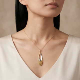 Model wearing 9K Yellow and White Gold Modern Pendant - Sonny's Jewellers