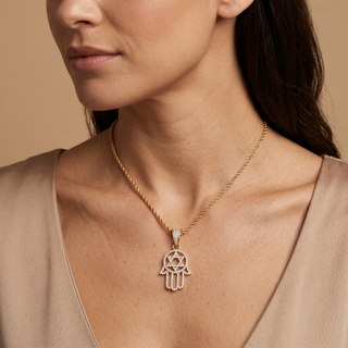 Model wearing 9K Yellow Gold Star of David Hamsa Pendant - Sonny's Jewellers