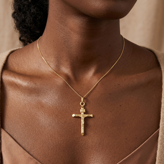 Model wearing 9K Yellow Gold Crucifix Pendant - Sonny's Jewellers