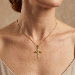 Model wearing 9K Yellow Gold Fancy Cross Pendant - Sonny's Jewellers