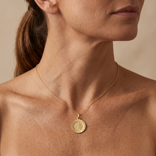Model wearing 9K Yellow Gold St Christopher Satin Pendant - Sonny's Jewellers