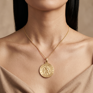 Model wearing 9K Yellow Gold St Christopher Satin Pendant (large) - Sonny's Jewellers