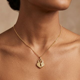 Model wearing 9K Yellow Gold Padlock & Key Pendant - Sonny's Jewellers