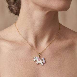 Model wearing 9K Yellow Gold Enamel Unicorn Pendant - Sonny's Jewellers