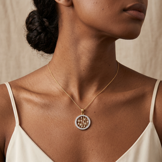 Model wearing 9K Yellow Gold Disc & Flowers Pendant - Sonny's Jewellers