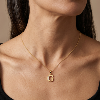 Model wearing 9K Yellow Gold CZ G Initial Pendant - Sonny's Jewellers