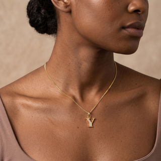 Model wearing 9K Yellow Gold CZ Y Initial Pendant - Sonny's Jewellers