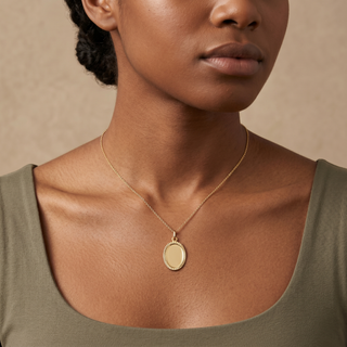 Model wearing 9K Yellow Gold Oval Patterned-Border Pendant - Sonny's Jewellers