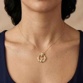 Model wearing 9K Yellow Gold Claddagh Slider Pendant - Sonny's Jewellers