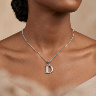 Model wearing 9K White Gold CZ D Initial Pendant - Sonny's Jewellers