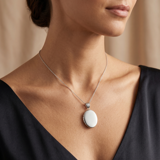 Model wearing 9K White Gold Oval Plain Locket - Sonny's Jewellers