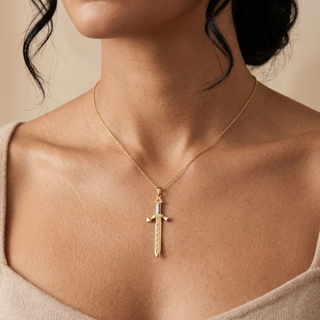 Model wearing 9K 2-Colour Gold Highland Claymore Sword Pendant - Sonny's Jewellers