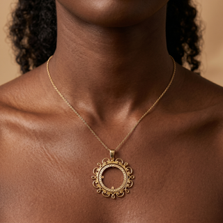 Model wearing 9K Yellow Gold Fancy Sovereign Pendant - Sonny's Jewellers