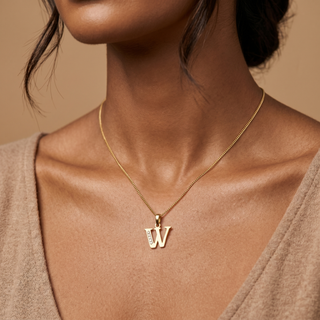 Model wearing 9K Yellow Gold W CZ Initial Pendant - Sonny's Jewellers