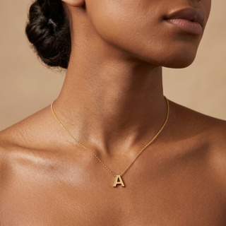 Model wearing 9K Yellow Gold Mini Initial A Pendant - Sonny's Jewellers