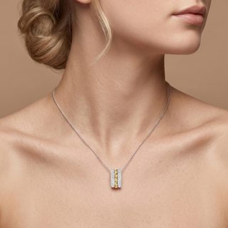 Model wearing 9K 2-Colour Gold CZ Twirl 3-Ring Pendant - Sonny's Jewellers