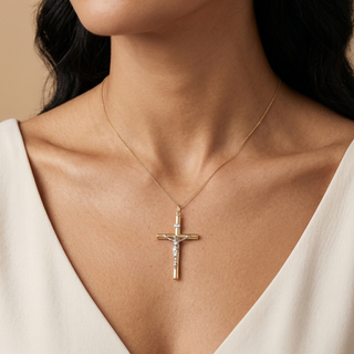 Model wearing 9K 2-Colour Gold Crucifix Pendant - Sonny's Jewellers