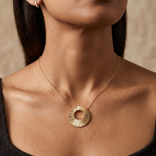 Model wearing 9K Yellow Gold Sunray Disc Necklace - Sonny's Jewellers
