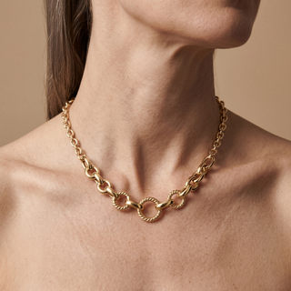 Model wearing 9K Yellow Gold Twisted & Polished Ring Centre Necklace - Sonny's Jewellers