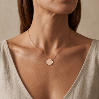 Model wearing 9K Rose Gold 10mm Disc Adjustable Necklace - Sonny's Jewellers