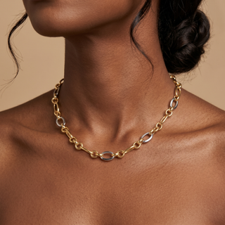 Model wearing 9K 2 Colour Gold Oval & Round Link Necklace - Sonny's Jewellers
