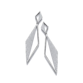 Long Triangle Pave' CZ Drop Silver Earrings