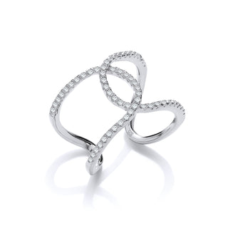 Micro Pave CZ Two Row Interlocking Cuff Silver Ring