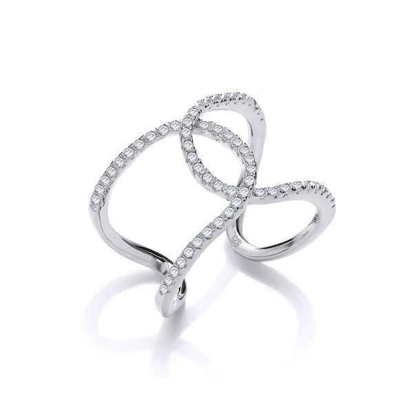 Micro Pave CZ Two Row Interlocking Cuff Silver Ring