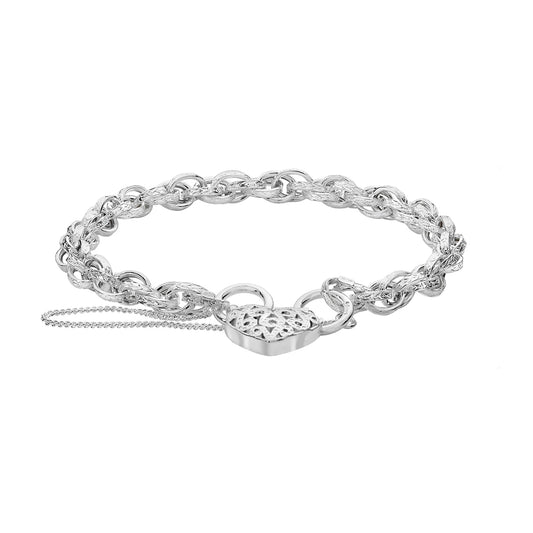 Sterling Silver Fancy Link Heart Padlock Bracelet 7.5"