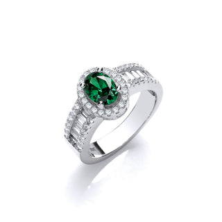 Oval Green CZ With Baguette & Round CZ On Shoulder Silver Ring
