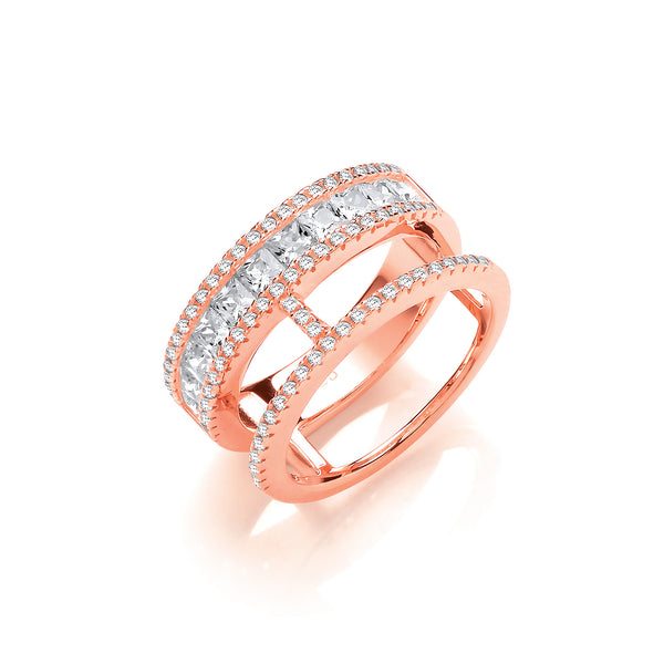 Princess Cut And Round Pave CZ Rg Plated Silver Ring