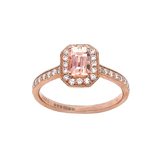 9K Rose Gold Morganite & Diamond Halo Ring
