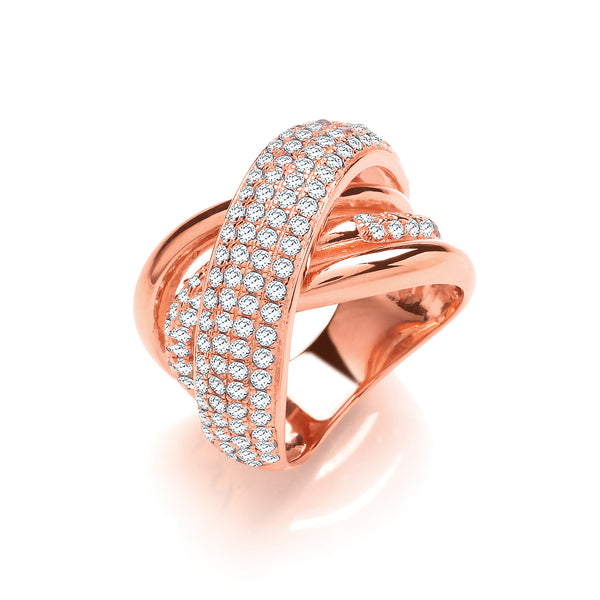 Rose Coated Large Intertwined Design Silver CZ Ring